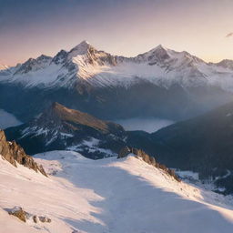 A majestic mountain landscape with snow-capped peaks, bathed in the soft glow of a setting sun