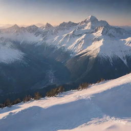 A majestic mountain landscape with snow-capped peaks, bathed in the soft glow of a setting sun