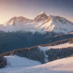 A majestic mountain landscape with snow-capped peaks, bathed in the soft glow of a setting sun