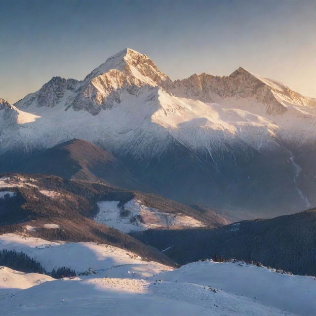 A majestic mountain landscape with snow-capped peaks, bathed in the soft glow of a setting sun