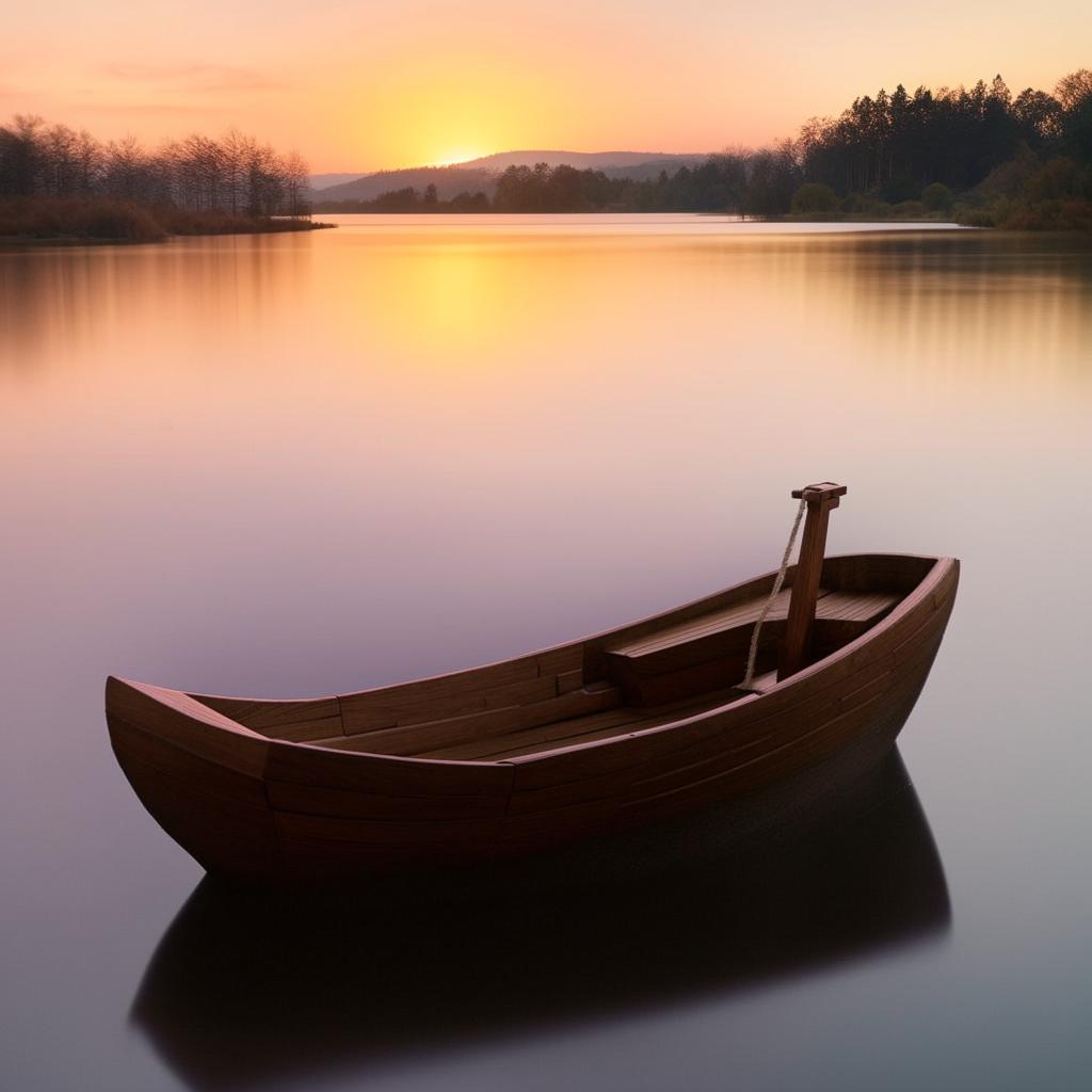 A quirky bathtub styled as a traditional wooden boat floating gently in a serene lake at sunset.