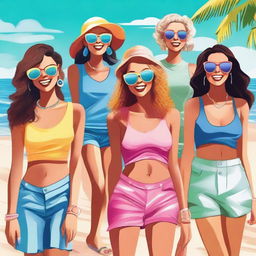 A digital art piece featuring a group of fashionable young women enjoying a sunny day at the beach