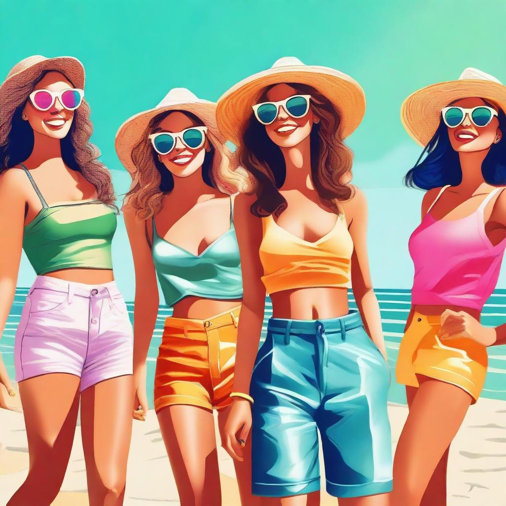 A digital art piece featuring a group of fashionable young women enjoying a sunny day at the beach