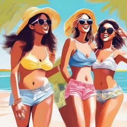 A digital art piece featuring a group of fashionable young women enjoying a sunny day at the beach