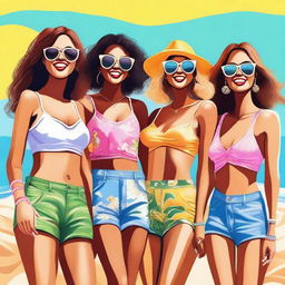 A digital art piece featuring a group of fashionable young women enjoying a sunny day at the beach