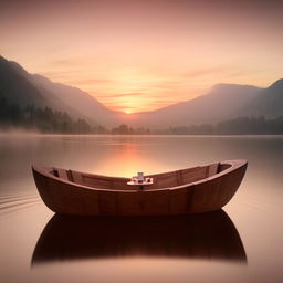 A quirky bathtub styled as a traditional wooden boat floating gently in a serene lake at sunset.