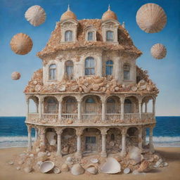 A surrealistic painting of a building intricately constructed from various sea shells.