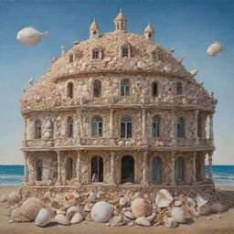 A surrealistic painting of a building intricately constructed from various sea shells.