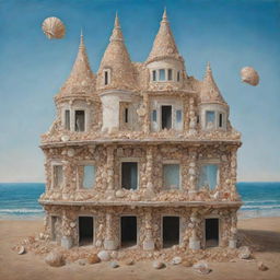 A surrealistic painting of a building intricately constructed from various sea shells.