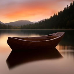 A quirky bathtub styled as a traditional wooden boat floating gently in a serene lake at sunset.