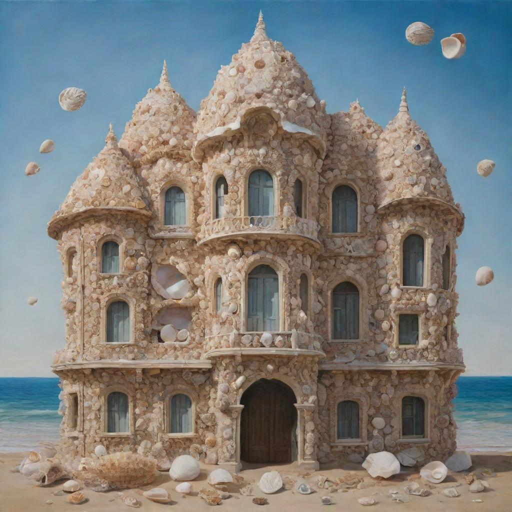 A surrealistic painting of a building intricately constructed from various sea shells.