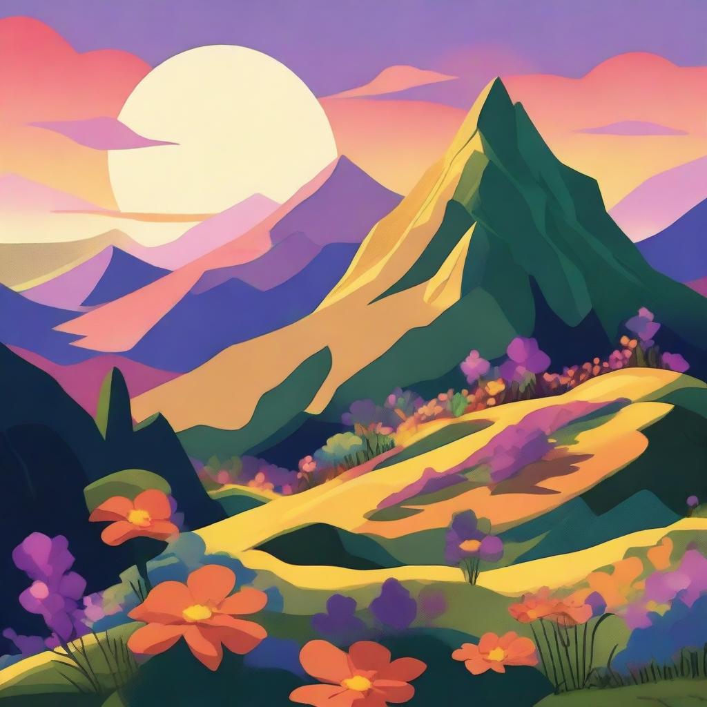 A high-quality digital art image depicting a lush mountainside teeming with vibrant flowers and moss