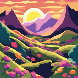 A high-quality digital art image depicting a lush mountainside teeming with vibrant flowers and moss