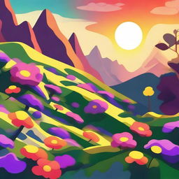 A high-quality digital art image depicting a lush mountainside teeming with vibrant flowers and moss