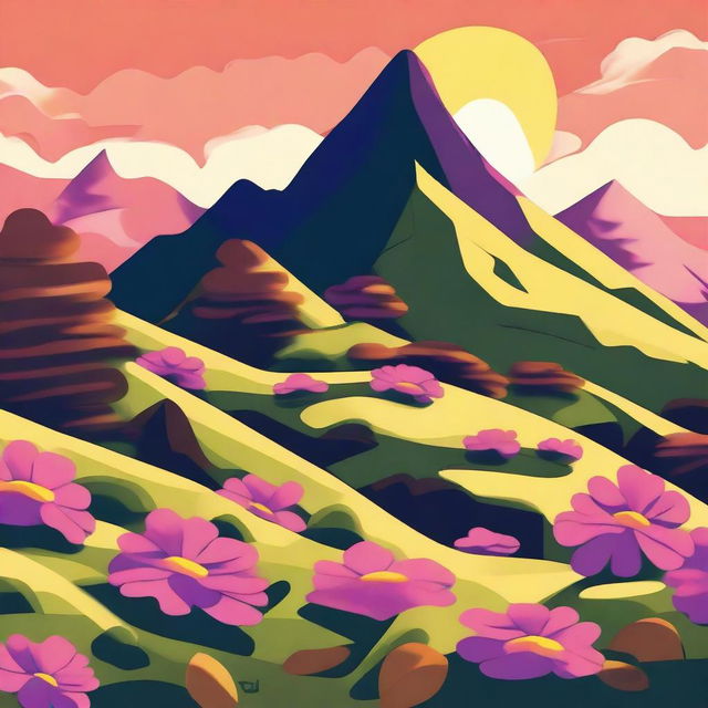 A high-quality digital art image depicting a lush mountainside teeming with vibrant flowers and moss