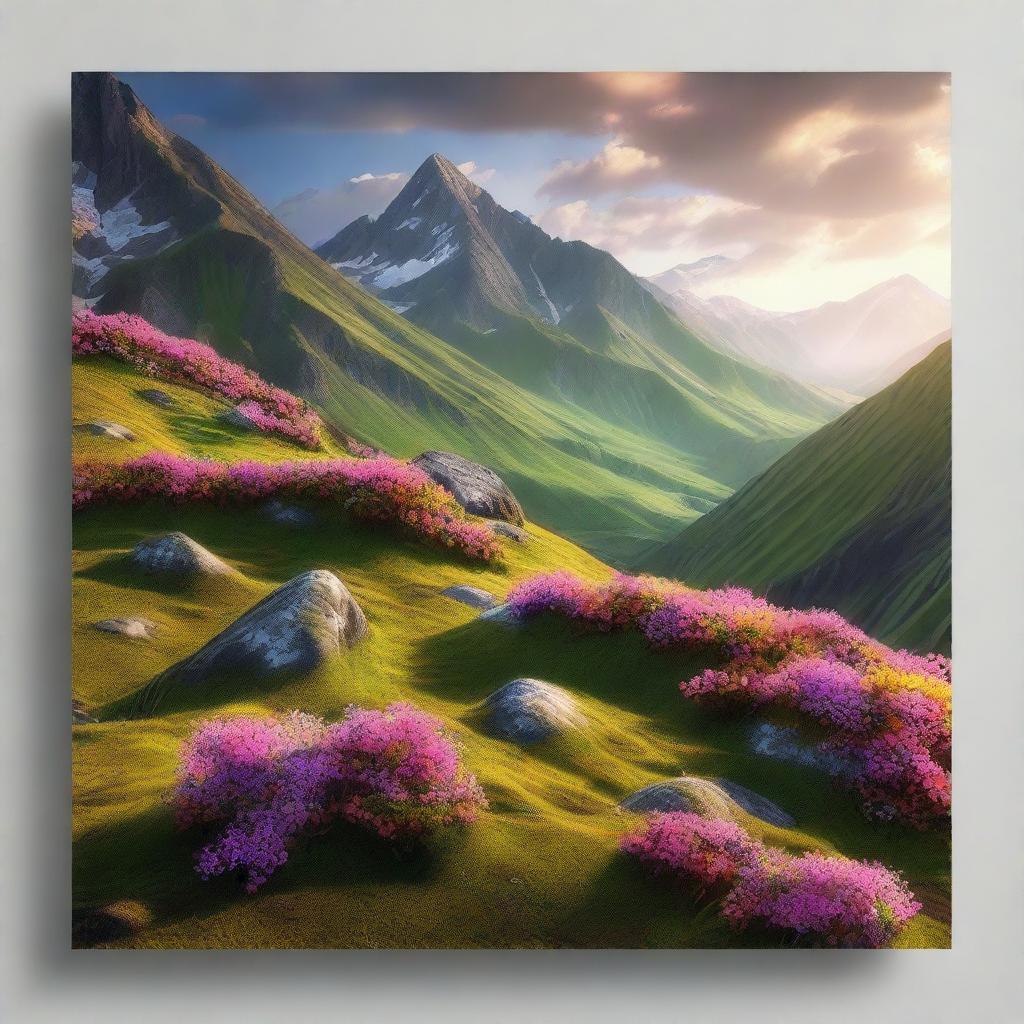 This is a high-quality digital art image showcasing a beautiful and lush mountainside