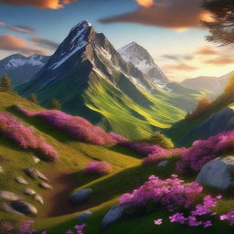 This is a high-quality digital art image showcasing a beautiful and lush mountainside