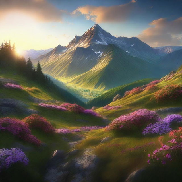 This is a high-quality digital art image showcasing a beautiful and lush mountainside