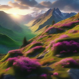 This is a high-quality digital art image showcasing a beautiful and lush mountainside