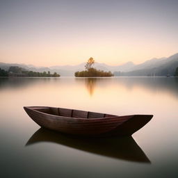 A quirky bathtub styled as a traditional wooden boat floating gently in a serene lake at sunset.