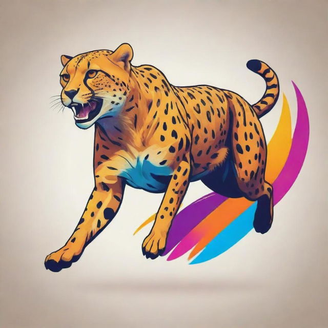 A striking, dynamic sports logo showcasing a cheetah in the mid-jump with vibrant colors and strong lines.