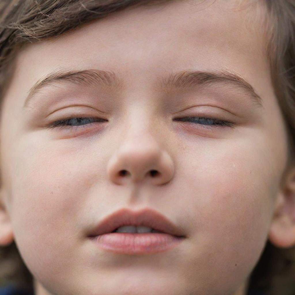 Close-up of a young boy with closed eyes, dramatically opening them to reveal bright, full of wonder and curiosity eyes.