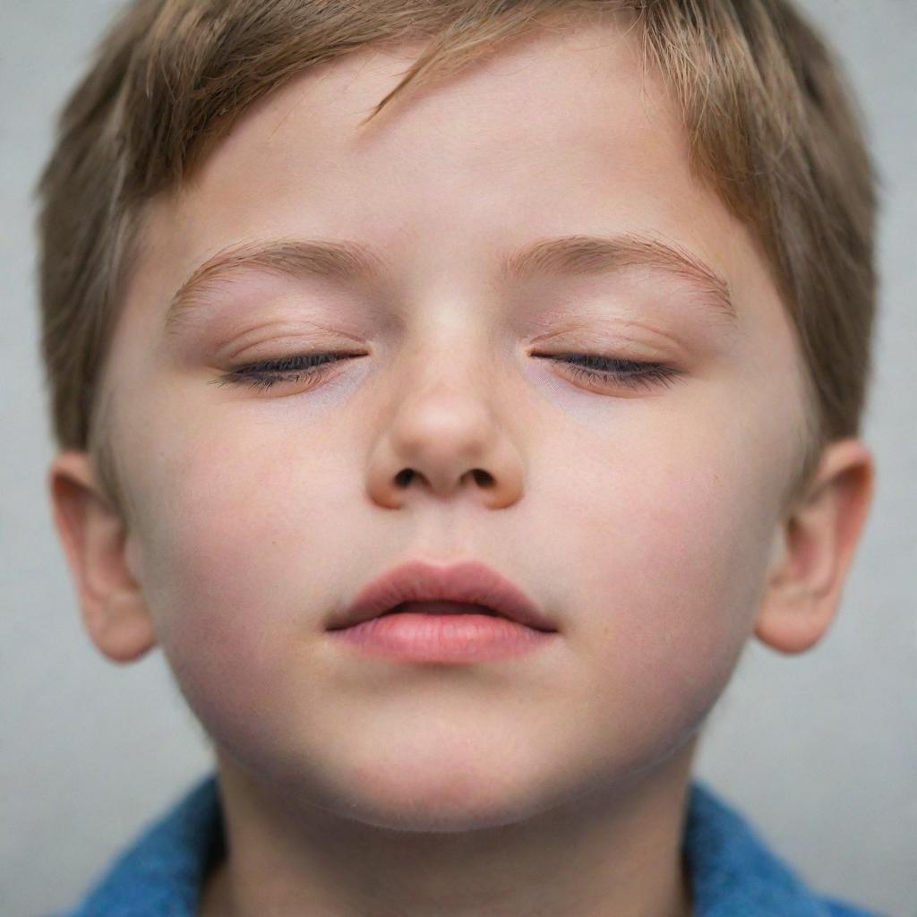 Close-up of a young boy with closed eyes, dramatically opening them to reveal bright, full of wonder and curiosity eyes.