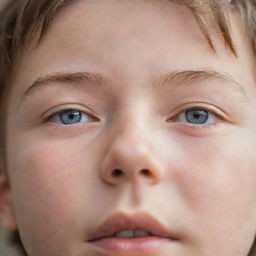 Close-up of a young boy with closed eyes, dramatically opening them to reveal bright, full of wonder and curiosity eyes.