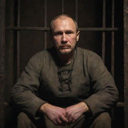 A kind-faced Russian merchant, dressed in traditional attire, sitting in a rustic jail cell with iron bars and a dimly lit atmosphere