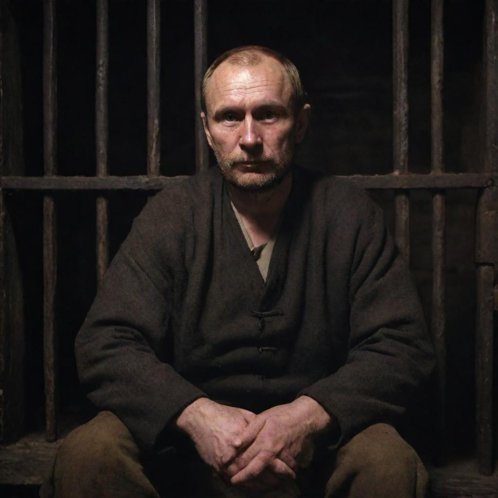 A kind-faced Russian merchant, dressed in traditional attire, sitting in a rustic jail cell with iron bars and a dimly lit atmosphere