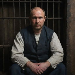 A kind-faced Russian merchant, dressed in traditional attire, sitting in a rustic jail cell with iron bars and a dimly lit atmosphere