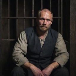 A kind-faced Russian merchant, dressed in traditional attire, sitting in a rustic jail cell with iron bars and a dimly lit atmosphere