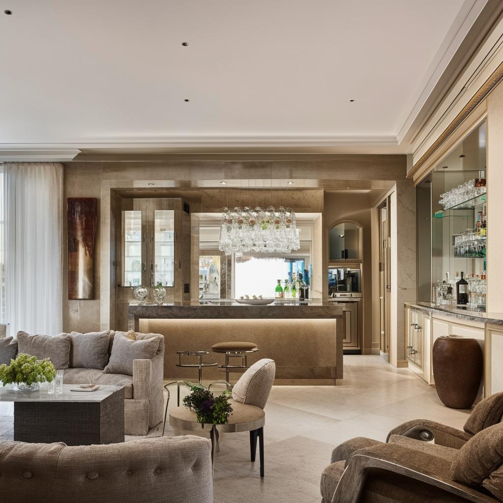 Spacious living room featuring a large sofa set, a four-chair dining table, a refined wall unit for crystal storage, a small bar with a counter, and a prominent central wall outfitted with a TV and soundbar.