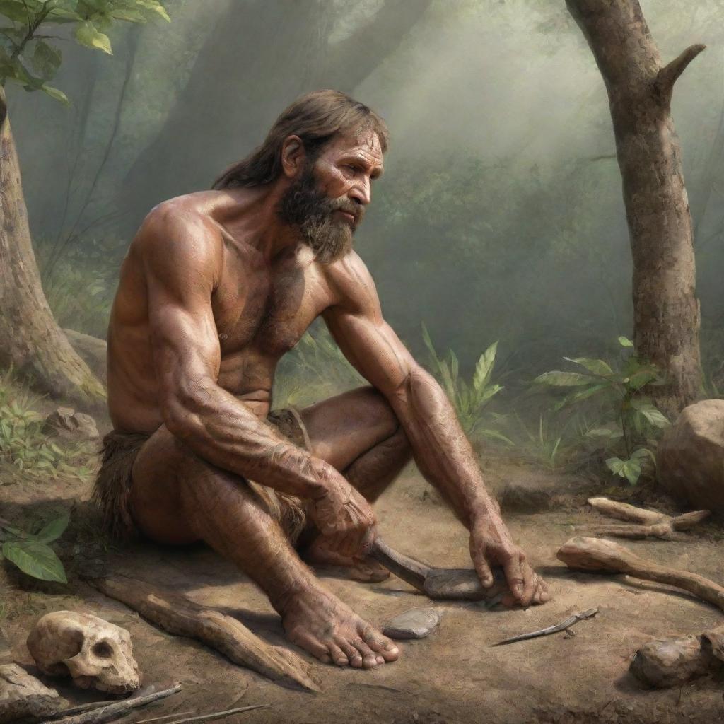 A realistic depiction of an ancient prehistoric human, living among nature, hunting or making primitive tools.