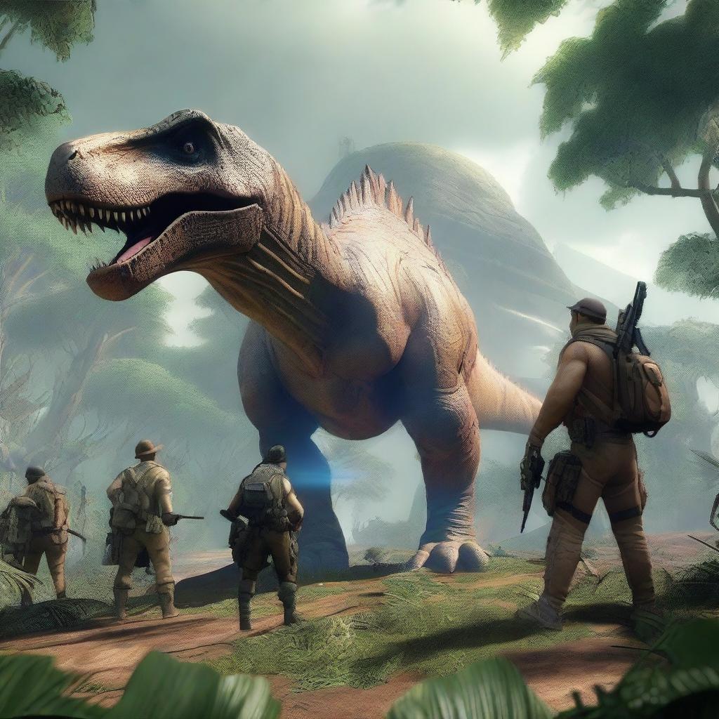 A high-resolution 3D render of a group of hunters, equipped with futuristic gear, time-traveled to the prehistoric era