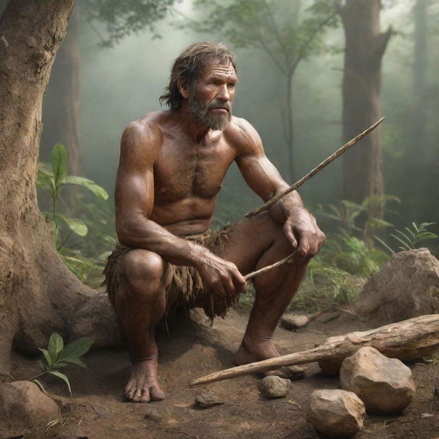 A realistic depiction of an ancient prehistoric human, living among nature, hunting or making primitive tools.