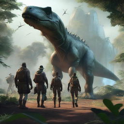 A high-resolution 3D render of a group of hunters, equipped with futuristic gear, time-traveled to the prehistoric era