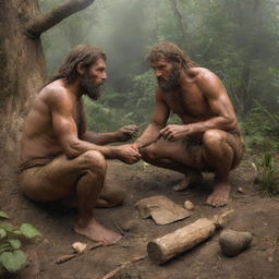 A realistic depiction of an ancient prehistoric human, living among nature, hunting or making primitive tools.