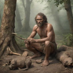 A realistic depiction of an ancient prehistoric human, living among nature, hunting or making primitive tools.