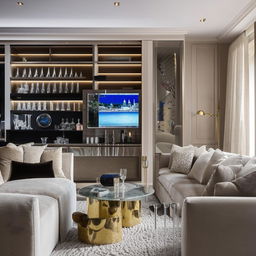 Spacious living room featuring a large sofa set, a four-chair dining table, a refined wall unit for crystal storage, a small bar with a counter, and a prominent central wall outfitted with a TV and soundbar.