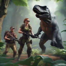 This is a high-quality 3D render depicting a group of hunters, equipped with futuristic gear, who have time-traveled to the prehistoric era