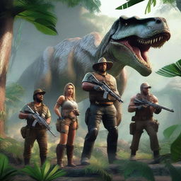 This is a high-quality 3D render depicting a group of hunters, equipped with futuristic gear, who have time-traveled to the prehistoric era