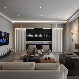 Spacious living room featuring a large sofa set, a four-chair dining table, a refined wall unit for crystal storage, a small bar with a counter, and a prominent central wall outfitted with a TV and soundbar.