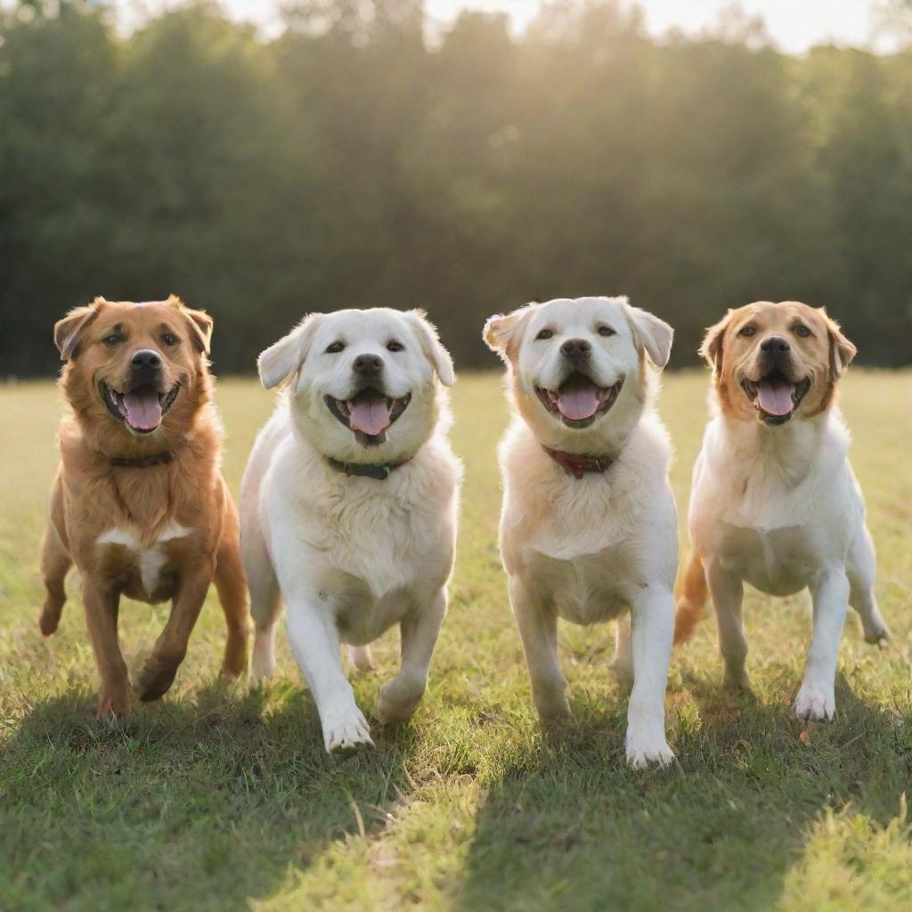 A group of various dog breeds happily playing in a lush, sunlit field.