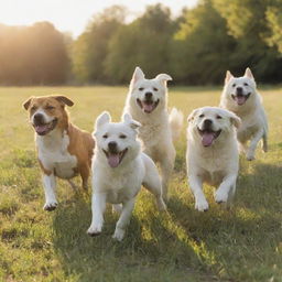 A group of various dog breeds happily playing in a lush, sunlit field.