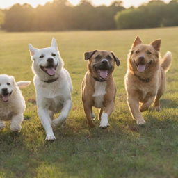 A group of various dog breeds happily playing in a lush, sunlit field.