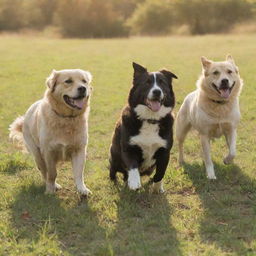 A group of various dog breeds happily playing in a lush, sunlit field.