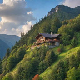 A picturesque house nestled into a mountain range, surrounded by lush trees and a vibrant sky.