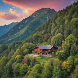 A picturesque house nestled into a mountain range, surrounded by lush trees and a vibrant sky.