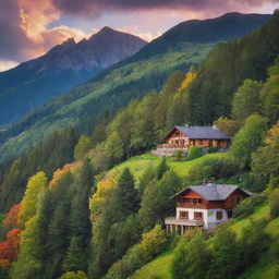 A picturesque house nestled into a mountain range, surrounded by lush trees and a vibrant sky.